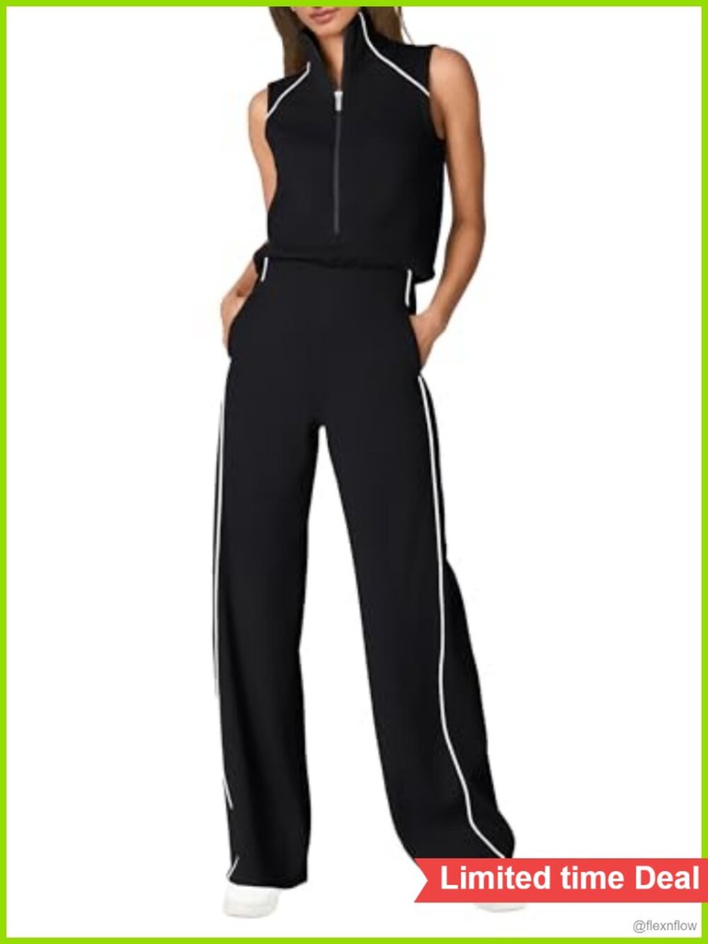 Sleeveless Mock Neck Jumpsuit Wide Leg Pants Romper with Pockets